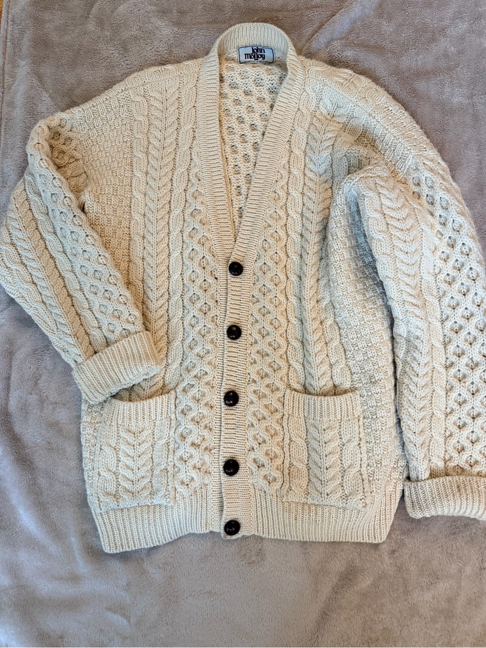 Vintage Hand-Knit Cable Cardigan 100% Wool